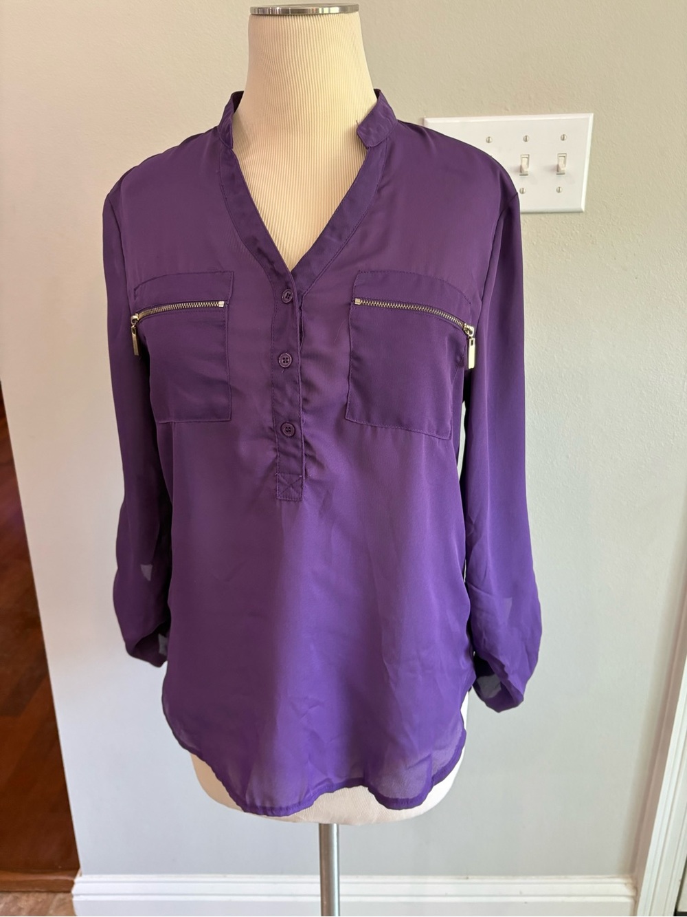 RolyPoly purple long sleeve semi sheer blouse Medium Small fabric pull on back